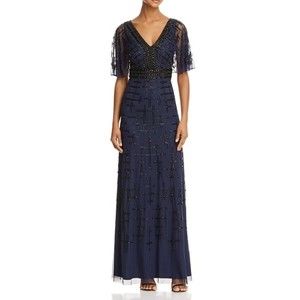 NWT Aidan Mattox Twilight Blue Beaded Cape Sleeve Flutter Gown Size 4 MSRP $495